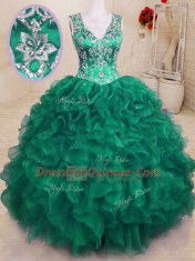 Customized Dark Green Ball Gowns Organza V-neck Sleeveless Beading and Embroidery and Ruffles Floor Length Zipper 15 Quinceanera Dress