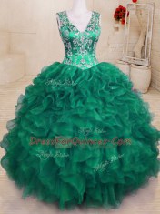 Customized Dark Green Ball Gowns Organza V-neck Sleeveless Beading and Embroidery and Ruffles Floor Length Zipper 15 Quinceanera Dress