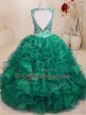 Customized Dark Green Ball Gowns Organza V-neck Sleeveless Beading and Embroidery and Ruffles Floor Length Zipper 15 Quinceanera Dress