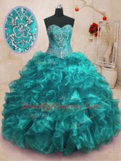 Teal Sweetheart Neckline Beading and Ruffles 15 Quinceanera Dress Sleeveless Lace Up