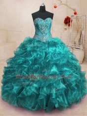 Teal Sweetheart Neckline Beading and Ruffles 15 Quinceanera Dress Sleeveless Lace Up