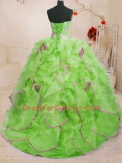 Nice Organza Sleeveless With Train 15 Quinceanera Dress Brush Train and Beading and Ruffles