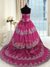 Sleeveless Court Train Beading and Appliques and Ruffled Layers Lace Up Quince Ball Gowns
