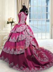 Sleeveless Court Train Beading and Appliques and Ruffled Layers Lace Up Quince Ball Gowns
