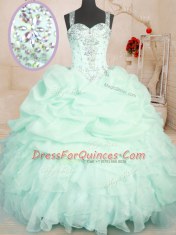 Apple Green Ball Gowns Straps Sleeveless Organza Floor Length Zipper Beading and Ruffles and Pick Ups Quinceanera Dress