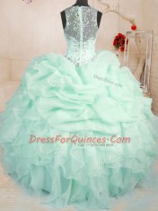 Apple Green Ball Gowns Straps Sleeveless Organza Floor Length Zipper Beading and Ruffles and Pick Ups Quinceanera Dress