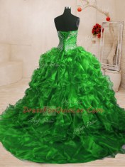 Discount With Train Quince Ball Gowns Organza Sweep Train Sleeveless Beading and Ruffles