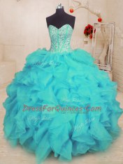 Custom Design Floor Length Aqua Blue Ball Gown Prom Dress Sweetheart Sleeveless Lace Up