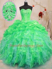 Pretty Beading and Ruffles 15th Birthday Dress Green Lace Up Sleeveless Floor Length