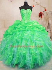 Pretty Beading and Ruffles 15th Birthday Dress Green Lace Up Sleeveless Floor Length