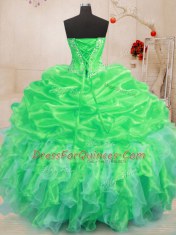 Pretty Beading and Ruffles 15th Birthday Dress Green Lace Up Sleeveless Floor Length