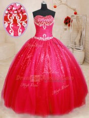 Floor Length Lace Up Vestidos de Quinceanera Red for Military Ball and Sweet 16 and Quinceanera with Beading