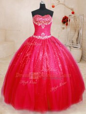 Floor Length Lace Up Vestidos de Quinceanera Red for Military Ball and Sweet 16 and Quinceanera with Beading