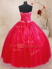 Floor Length Lace Up Vestidos de Quinceanera Red for Military Ball and Sweet 16 and Quinceanera with Beading