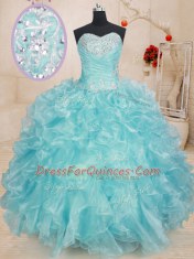 Dramatic Blue Ball Gowns Beading and Ruffles Sweet 16 Dress Lace Up Organza Sleeveless Floor Length