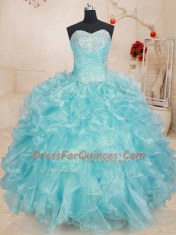 Dramatic Blue Ball Gowns Beading and Ruffles Sweet 16 Dress Lace Up Organza Sleeveless Floor Length