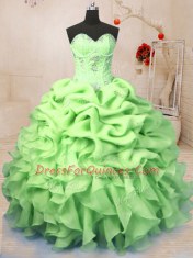 Yellow Green Organza Lace Up Sweetheart Sleeveless Floor Length Sweet 16 Quinceanera Dress Beading and Ruffles and Pick Ups