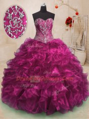 Glamorous With Train Fuchsia 15th Birthday Dress Sweetheart Sleeveless Sweep Train Lace Up