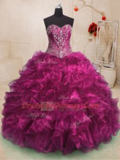 Glamorous With Train Fuchsia 15th Birthday Dress Sweetheart Sleeveless Sweep Train Lace Up