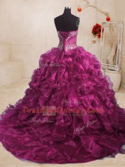 Glamorous With Train Fuchsia 15th Birthday Dress Sweetheart Sleeveless Sweep Train Lace Up