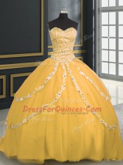 Gold Sweetheart Lace Up Beading and Appliques 15th Birthday Dress Brush Train Sleeveless