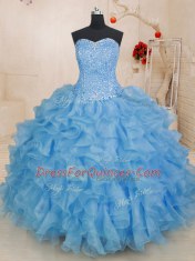 Graceful Blue Lace Up Vestidos de Quinceanera Beading and Ruffles Sleeveless Floor Length