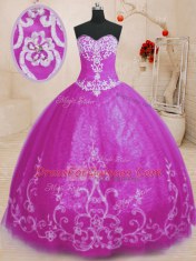 Fashion Sleeveless Floor Length Beading and Embroidery Lace Up Sweet 16 Dresses with Fuchsia
