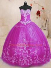 Fashion Sleeveless Floor Length Beading and Embroidery Lace Up Sweet 16 Dresses with Fuchsia