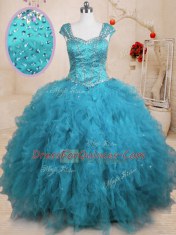 Fine Baby Blue Lace Up Square Beading and Ruffles Ball Gown Prom Dress Tulle Cap Sleeves