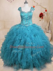 Fine Baby Blue Lace Up Square Beading and Ruffles Ball Gown Prom Dress Tulle Cap Sleeves
