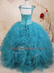 Fine Baby Blue Lace Up Square Beading and Ruffles Ball Gown Prom Dress Tulle Cap Sleeves