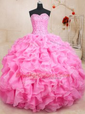Fantastic Organza Sweetheart Sleeveless Lace Up Beading and Ruffles Quince Ball Gowns in Rose Pink