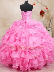 Fantastic Organza Sweetheart Sleeveless Lace Up Beading and Ruffles Quince Ball Gowns in Rose Pink