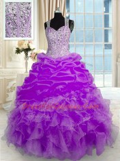 Lilac Quinceanera Dresses Military Ball and Sweet 16 and Quinceanera and For with Beading and Ruffles Straps Sleeveless Zipper