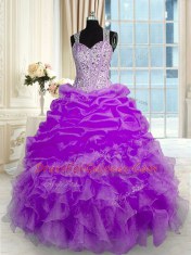 Lilac Quinceanera Dresses Military Ball and Sweet 16 and Quinceanera and For with Beading and Ruffles Straps Sleeveless Zipper