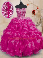 Noble Fuchsia Sleeveless Floor Length Beading and Ruffles Lace Up Sweet 16 Dress