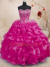 Noble Fuchsia Sleeveless Floor Length Beading and Ruffles Lace Up Sweet 16 Dress