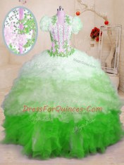 Multi-color Ball Gowns Beading and Appliques and Ruffles Vestidos de Quinceanera Lace Up Organza Sleeveless With Train