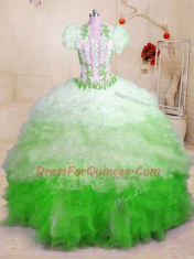 Multi-color Ball Gowns Beading and Appliques and Ruffles Vestidos de Quinceanera Lace Up Organza Sleeveless With Train