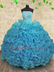 Aqua Blue Sleeveless Organza Lace Up Sweet 16 Dresses for Military Ball and Sweet 16 and Quinceanera