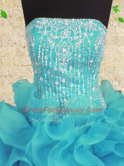 Aqua Blue Sleeveless Organza Lace Up Sweet 16 Dresses for Military Ball and Sweet 16 and Quinceanera