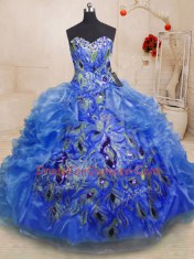 Blue Sweetheart Zipper Beading and Appliques and Ruffles Quinceanera Gowns Sleeveless