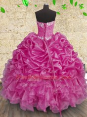 Modest Fuchsia Lace Up Sweetheart Beading and Appliques and Ruffles and Ruching Quinceanera Gown Organza Sleeveless