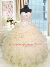 Great Champagne Organza Lace Up Sweetheart Sleeveless Floor Length Sweet 16 Dress Beading and Ruffles
