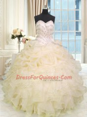 Great Champagne Organza Lace Up Sweetheart Sleeveless Floor Length Sweet 16 Dress Beading and Ruffles