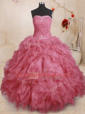 Strapless Sleeveless Lace Up Sweet 16 Dresses Pink Organza