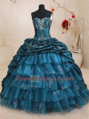 Hot Selling Teal Ball Gowns Sweetheart Sleeveless Organza and Taffeta With Train Sweep Train Lace Up Beading and Appliques and Ruffled Layers and Pick Ups Quinceanera Gown