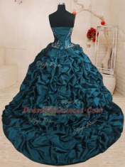 Hot Selling Teal Ball Gowns Sweetheart Sleeveless Organza and Taffeta With Train Sweep Train Lace Up Beading and Appliques and Ruffled Layers and Pick Ups Quinceanera Gown
