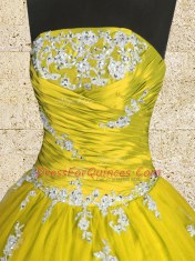 Yellow Ball Gowns Strapless Sleeveless Tulle Floor Length Lace Up Appliques and Ruching Quinceanera Gowns