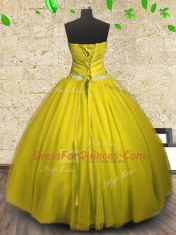 Yellow Ball Gowns Strapless Sleeveless Tulle Floor Length Lace Up Appliques and Ruching Quinceanera Gowns
